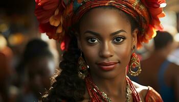 ai généré Jeune africain femme dans traditionnel Vêtements souriant en toute confiance généré par ai photo