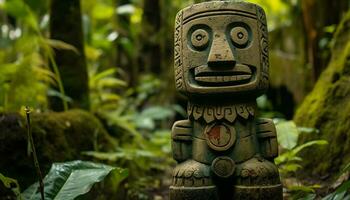 ai généré ancien idole sculpture symbolise spiritualité dans tropical forêt généré par ai photo