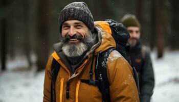 ai généré souriant Hommes randonnée dans hiver forêt aventure généré par ai photo