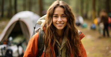 ai généré souriant Jeune femme randonnée dans le forêt généré par ai photo