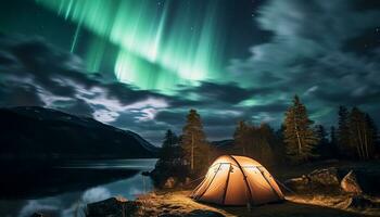 ai généré nuit camping en dessous de le étoilé laiteux façon généré par ai photo