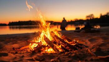 ai généré embrasé feu de camp illumine la nature beauté à le coucher du soleil généré par ai photo