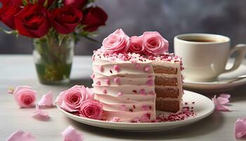 ai généré sucré dessert sur rose plaque, décoré avec fleurs généré par ai photo