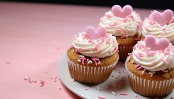 ai généré rose petit gâteau avec glaçage, une sucré fête généré par ai photo