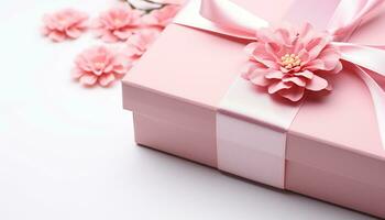 ai généré cadeau boîte enveloppé dans rose papier, une fête généré par ai photo