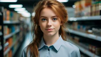 ai généré souriant Jeune femme en train d'étudier dans bibliothèque, en portant livre généré par ai photo