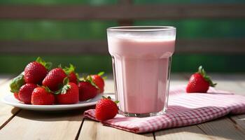 ai généré Frais fraise Milk-shake sur en bois tableau, en bonne santé et délicieux généré par ai photo