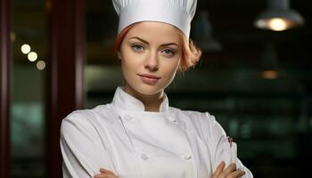 ai généré Jeune adulte femelle chef dans uniforme, souriant en toute confiance généré par ai photo