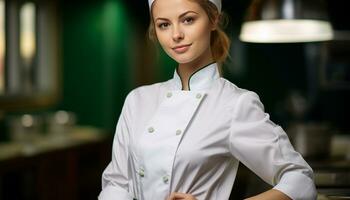 ai généré souriant chef dans uniforme cuisine délicieux gourmet nourriture généré par ai photo