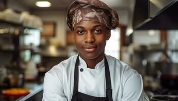 ai généré souriant barista dans café magasin dégage confiance généré par ai photo