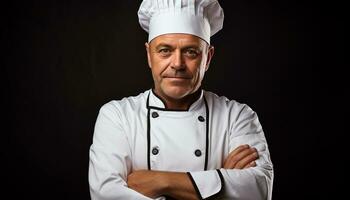 ai généré souriant chef dans uniforme, bras franchi, à la recherche sur de soi généré par ai photo