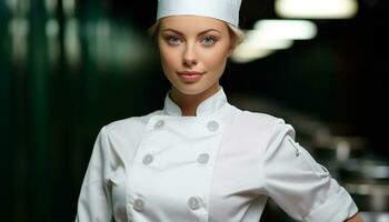 ai généré souriant chef dans uniforme cuisine dans commercial cuisine généré par ai photo