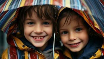 ai généré souriant enfant garçons de bonne humeur en plein air mignonne portrait amusement généré par ai photo