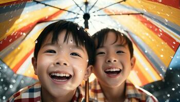 ai généré deux souriant garçons en jouant dans le pluie en plein air généré par ai photo