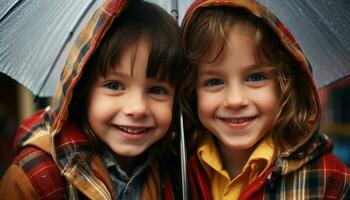 ai généré souriant les enfants en jouant dans le pluie, profiter la nature généré par ai photo