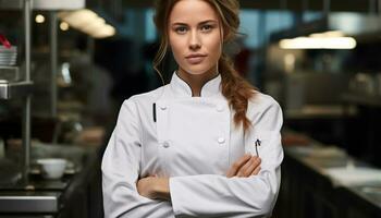 ai généré sur de soi Jeune femme chef dans commercial cuisine généré par ai photo