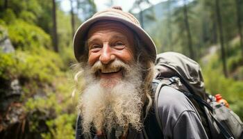 ai généré souriant Sénior homme randonnée dans la nature magnifique en plein air généré par ai photo