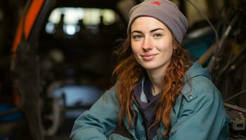 ai généré souriant Jeune femme dans hiver casquette, à la recherche sur de soi généré par ai photo