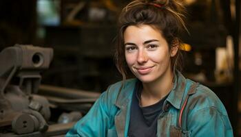 ai généré souriant Jeune femme dans atelier avec travail outils généré par ai photo