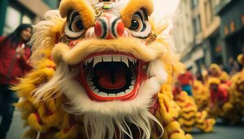 ai généré coloré dragon costume danses dans traditionnel chinois parade généré par ai photo
