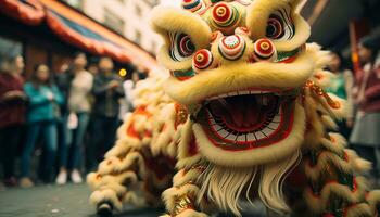 ai généré chinois culture fête dragon costume parade, dansant Lion généré par ai photo