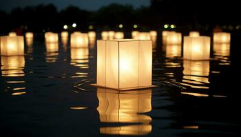 ai généré embrasé lanterne reflète sur tranquille bassin à nuit généré par ai photo