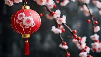 ai généré traditionnel Festival fête avec chinois lanternes et Cerise fleurs généré par ai photo