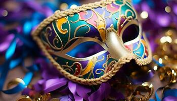 ai généré coloré masques et costumes à une mardi gras parade généré par ai photo