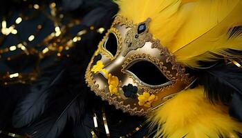 ai généré à plumes masque ajoute élégance à vibrant carnaval fête généré par ai photo