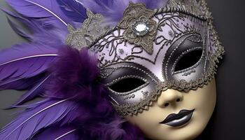 ai généré violet plume masque ajoute élégance à costume généré par ai photo