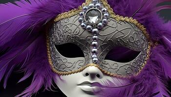 ai généré à plumes masque déguisements dans violet, une mardi gras mystère généré par ai photo