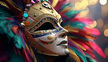 ai généré coloré à plumes masques déguisement le élégance de mardi gras généré par ai photo