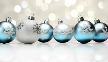 ai généré bleu flocon de neige ornement sur brillant argent Noël décoration généré par ai photo