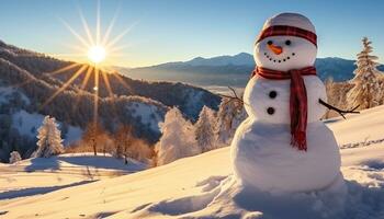 ai généré souriant bonhomme de neige jouit hiver en plein air dans la nature généré par ai photo