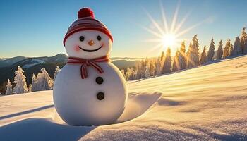 ai généré souriant bonhomme de neige jouit hiver en plein air avec carotte nez généré par ai photo