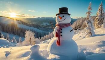 ai généré souriant bonhomme de neige dans hiver forêt, portant Haut chapeau généré par ai photo