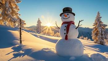 ai généré bonhomme de neige souriant dans hiver forêt avec carotte nez généré par ai photo