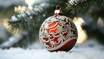 ai généré hiver fête, neige couvert arbre orné avec Noël ornements généré par ai photo