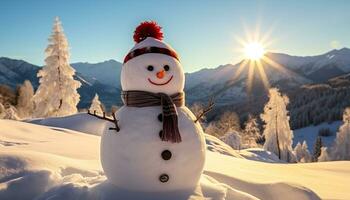 ai généré souriant bonhomme de neige dans hiver paysage, joyeux et de bonne humeur généré par ai photo