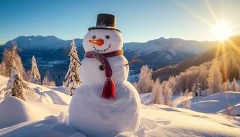 ai généré souriant bonhomme de neige dans hiver paysage apporte joie généré par ai photo