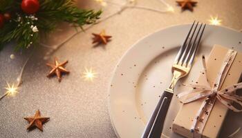 ai généré fête table avec nourriture, cadeau, et hiver dessert généré par ai photo