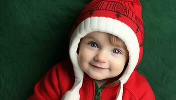 ai généré souriant caucasien bébé garçon dans hiver elfe costume généré par ai photo