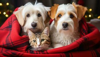 ai généré mignonne chiot et chaton séance ensemble à l'intérieur généré par ai photo