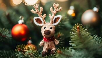 ai généré hiver fête, mignonne animal jouet sur Noël arbre généré par ai photo