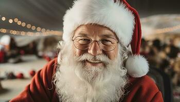 ai généré souriant Sénior homme fête hiver avec Noël cadeau généré par ai photo