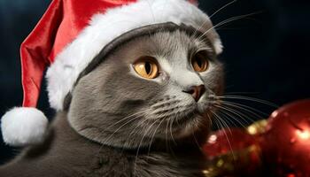 ai généré mignonne chaton portant une de fête hiver casquette généré par ai photo