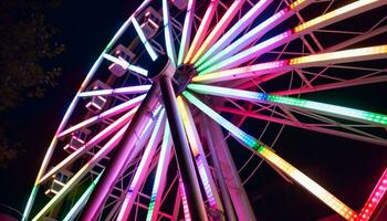 ai généré vibrant couleurs éclairer le filage carnaval roue à nuit généré par ai photo