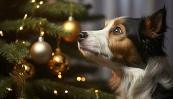 ai généré mignonne chiot séance par Noël arbre, à la recherche adorable généré par ai photo