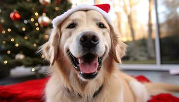 ai généré mignonne d'or retriever chiot séance par Noël arbre généré par ai photo