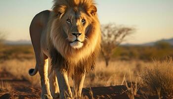 ai généré majestueux Lion en marchant dans le africain région sauvage généré par ai photo